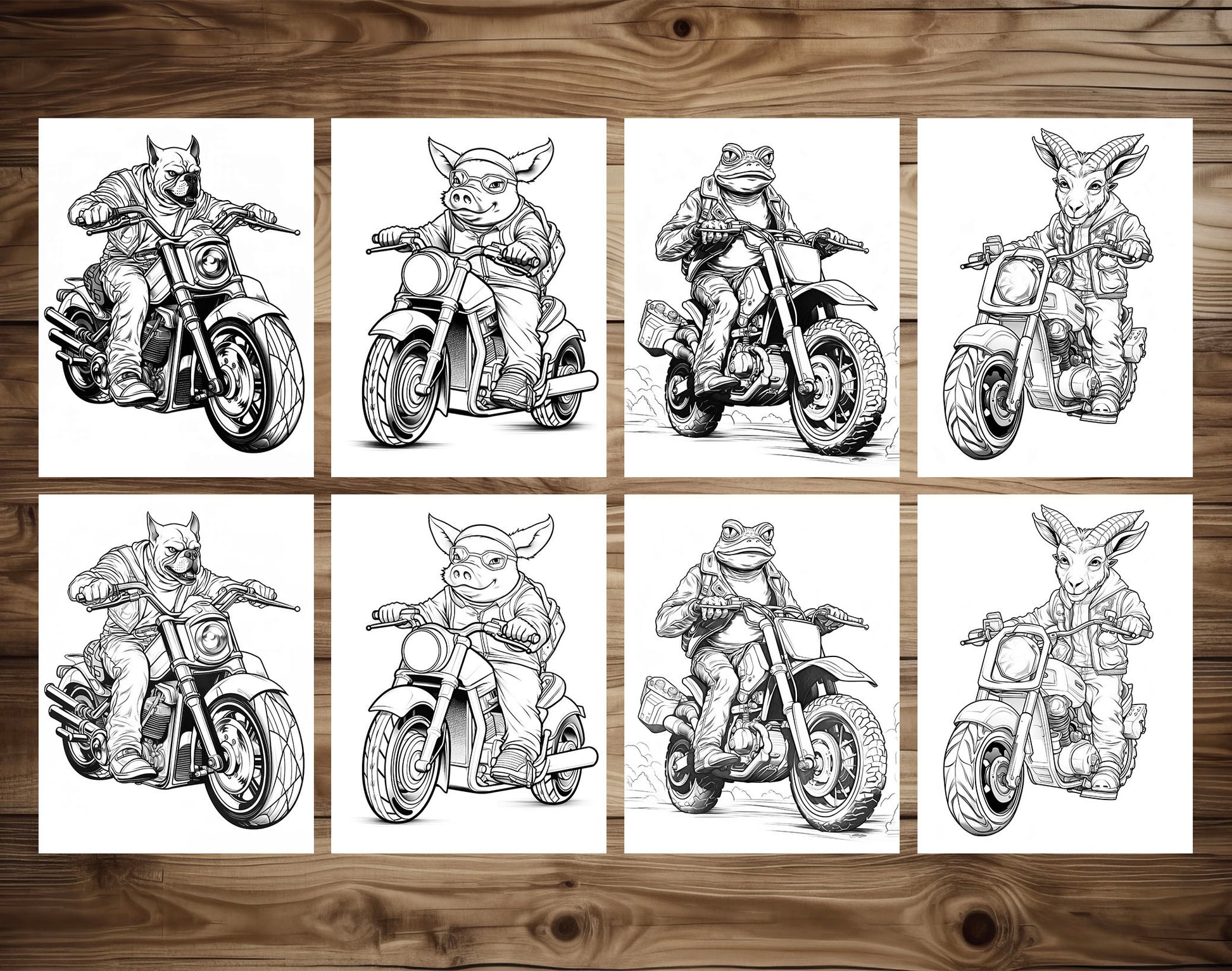25 Animal Bikers Grayscale Coloring Pages - Instant Download - Printable PDF – preview 3