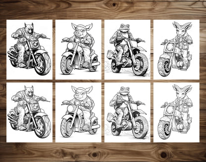 25 Animal Bikers Grayscale Coloring Pages - Instant Download - Printable PDF – preview 3