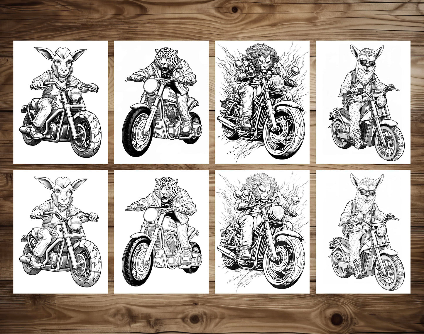 25 Animal Bikers Grayscale Coloring Pages - Instant Download - Printable PDF – preview 4