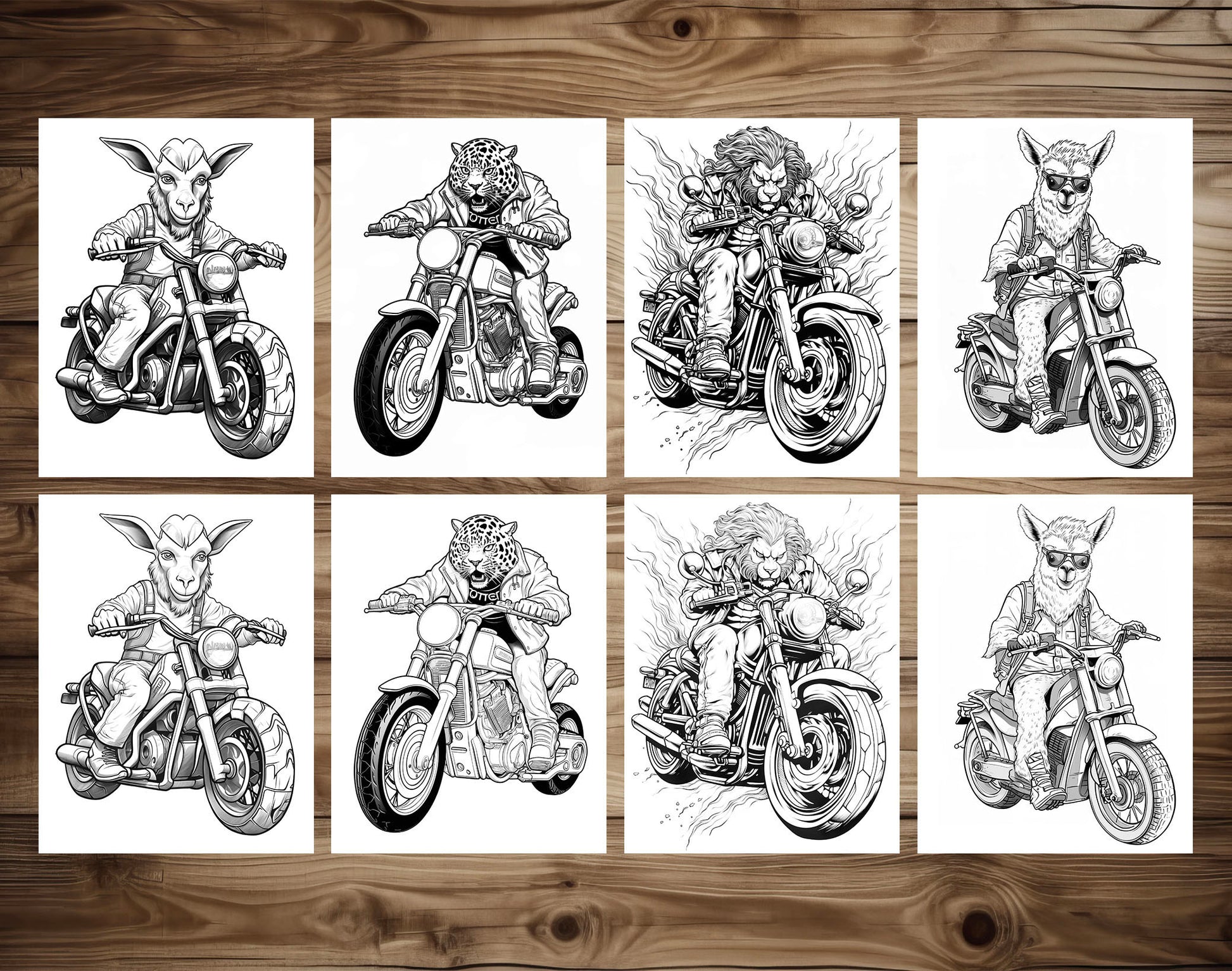 25 Animal Bikers Grayscale Coloring Pages - Instant Download - Printable PDF – preview 4