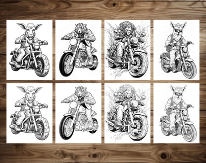 25 Animal Bikers Grayscale Coloring Pages - Instant Download - Printable PDF – preview 4