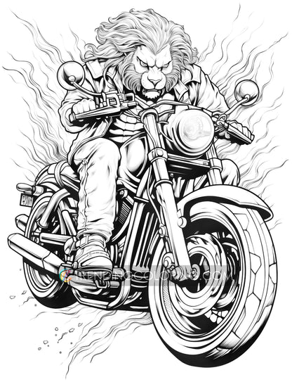 25 Animal Bikers Grayscale Coloring Pages - Instant Download - Printable PDF – preview 8