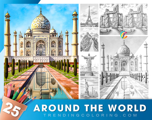 25 Around The World Grayscale Coloring Pages - Instant Download - Printable PDF Dark/Light