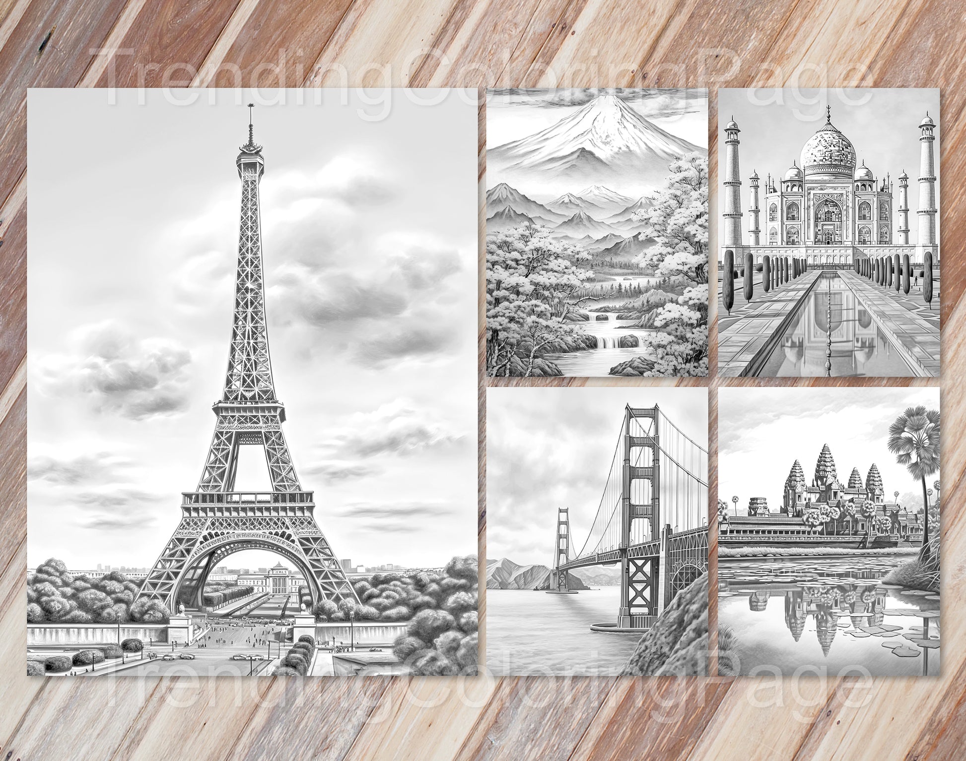 25 Around The World Grayscale Coloring Pages - Instant Download - Printable PDF Dark/Light – preview 3