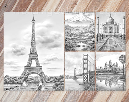 25 Around The World Grayscale Coloring Pages - Instant Download - Printable PDF Dark/Light – preview 3