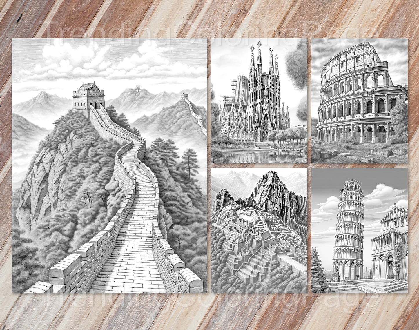 25 Around The World Grayscale Coloring Pages - Instant Download - Printable PDF Dark/Light – preview 4
