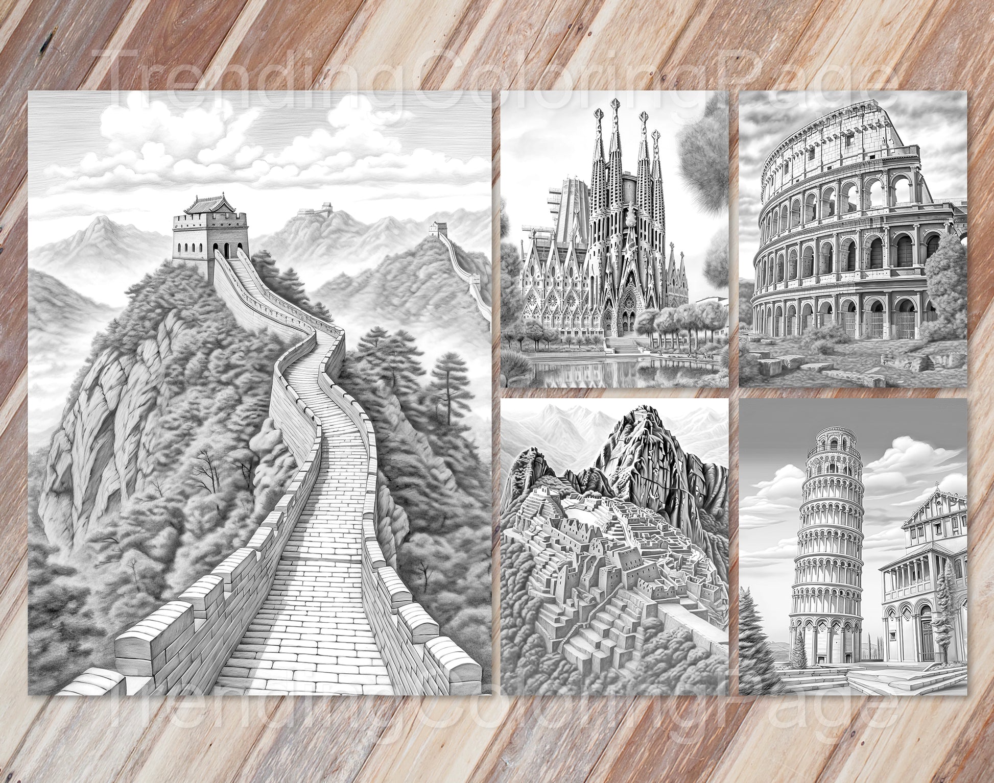 25 Around The World Grayscale Coloring Pages - Instant Download - Printable PDF Dark/Light – preview 4