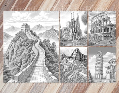 25 Around The World Grayscale Coloring Pages - Instant Download - Printable PDF Dark/Light – preview 4
