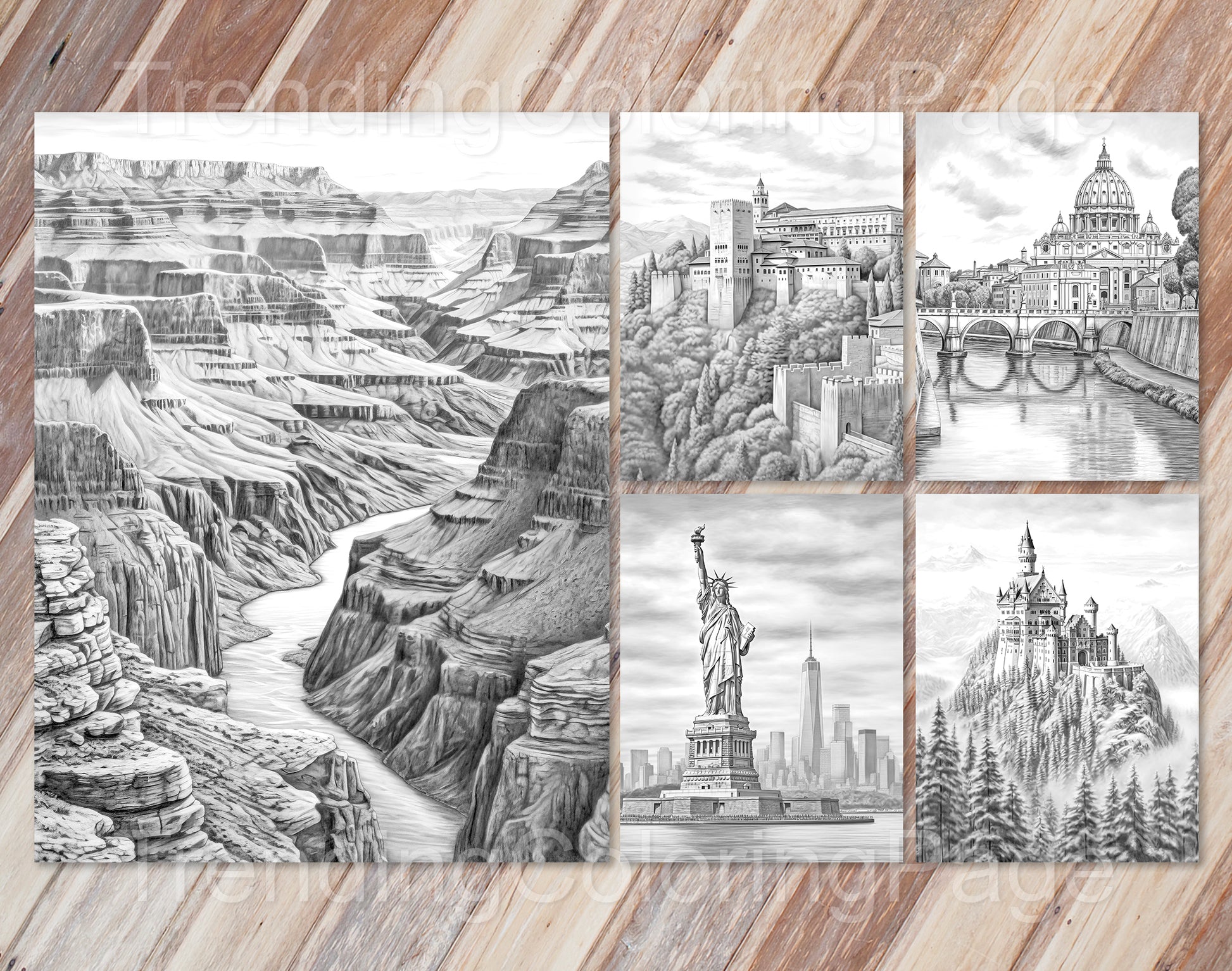 25 Around The World Grayscale Coloring Pages - Instant Download - Printable PDF Dark/Light – preview 5
