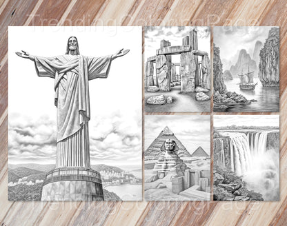 25 Around The World Grayscale Coloring Pages - Instant Download - Printable PDF Dark/Light – preview 6