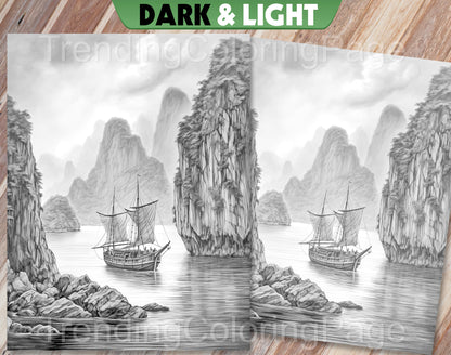 25 Around The World Grayscale Coloring Pages - Instant Download - Printable PDF Dark/Light – preview 7