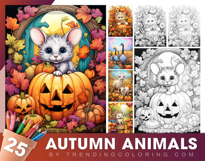 25 Autumn Animal Grayscale Coloring Pages - Instant Download - Printable PDF Dark/Light