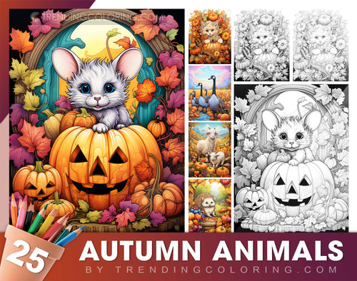 25 Herbsttier-Ausmalseiten in Graustufen - Sofortiger Download - Druckbare PDF Dunkel/Hell
