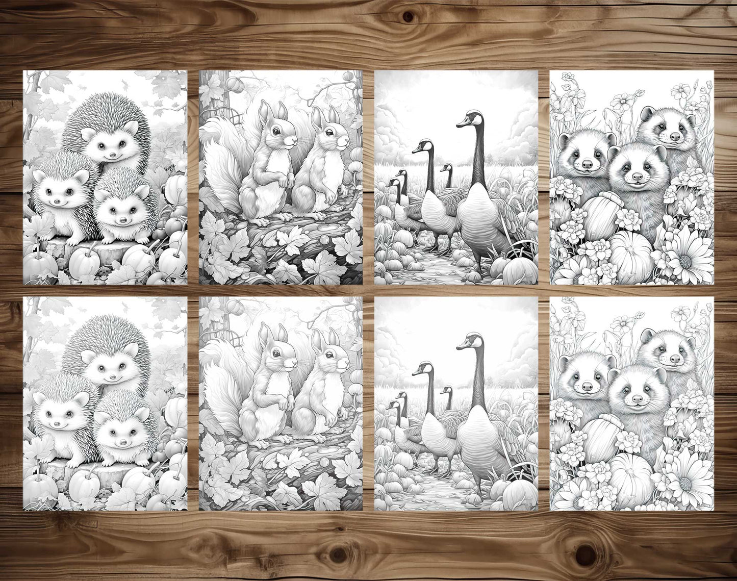 25 Autumn Animal Grayscale Coloring Pages - Instant Download - Printable PDF Dark/Light – preview 4