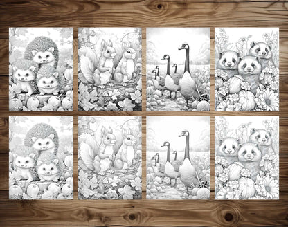 25 Autumn Animal Grayscale Coloring Pages - Instant Download - Printable PDF Dark/Light – preview 4
