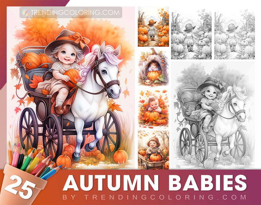 25 Autumn Baby Grayscale Coloring Pages - Instant Download - Printable PDF Dark/Light