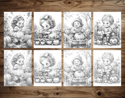 25 Autumn Baby Grayscale Coloring Pages - Instant Download - Printable PDF Dark/Light – preview 3