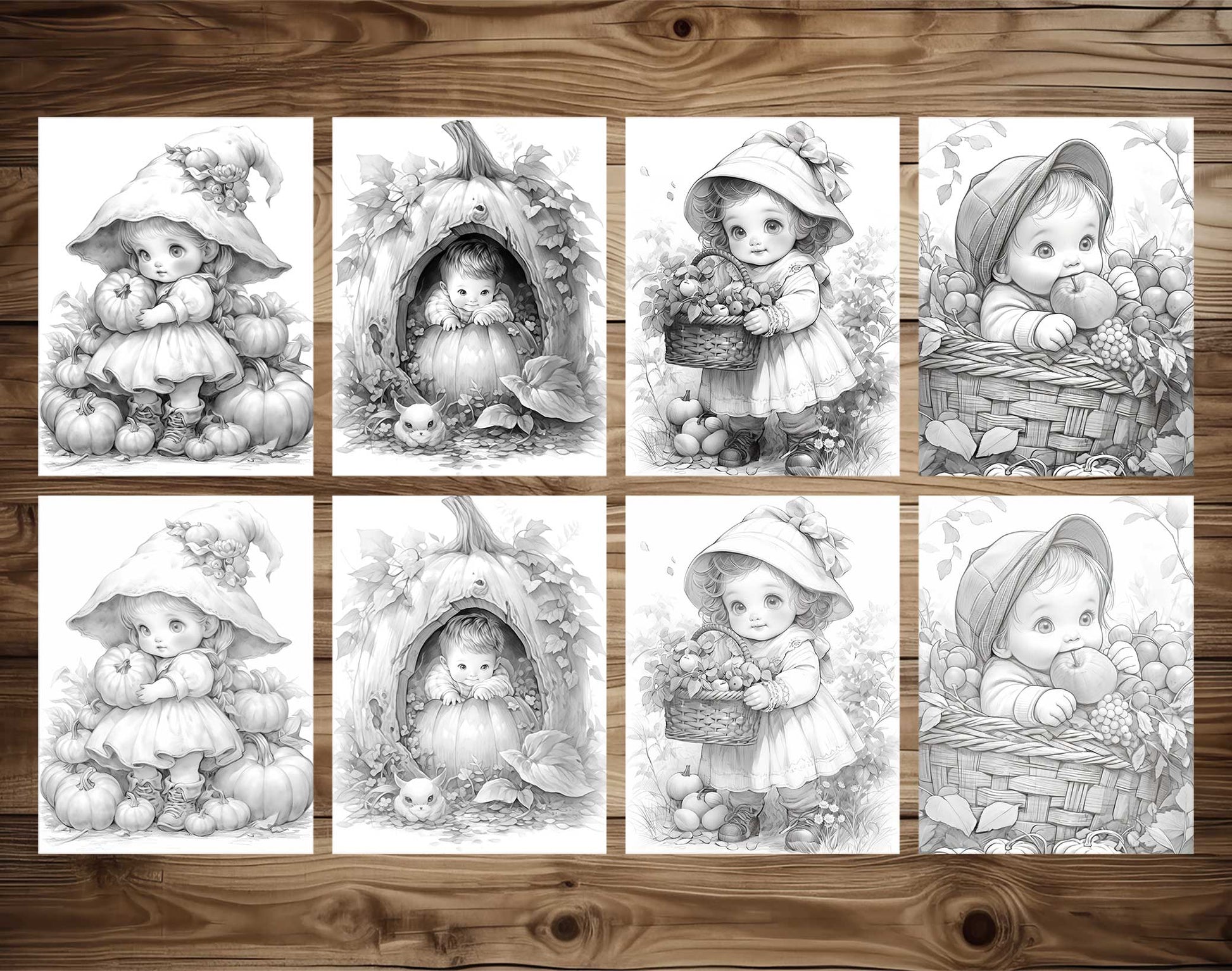 25 Autumn Baby Grayscale Coloring Pages - Instant Download - Printable PDF Dark/Light – preview 4