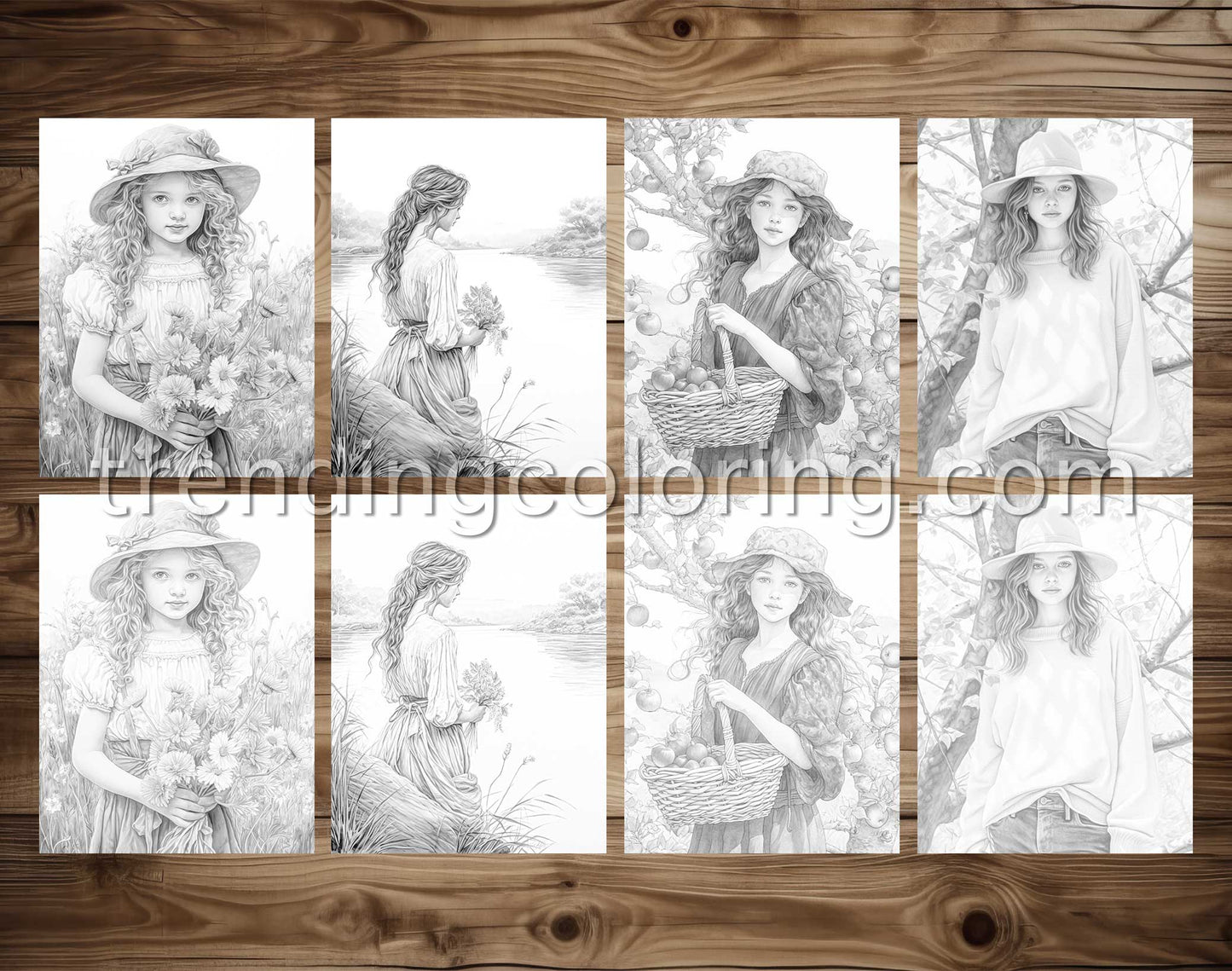 25 Autumn Girls Grayscale Coloring Pages - Instant Download - Printable PDF Dark/Light – preview 3