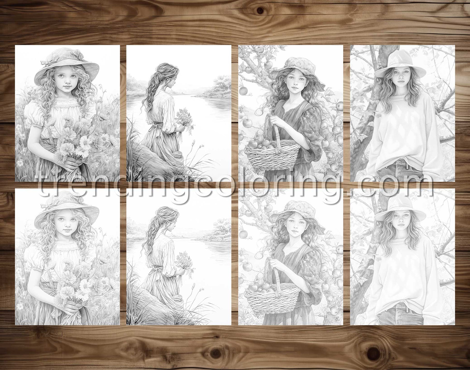 25 Autumn Girls Grayscale Coloring Pages - Instant Download - Printable PDF Dark/Light – preview 3