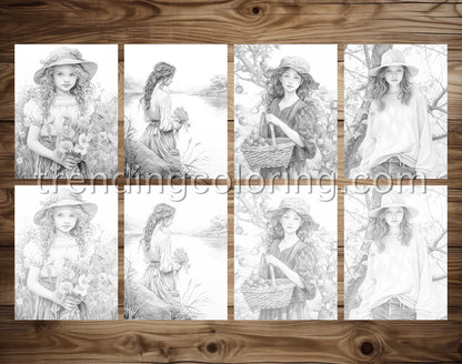 25 Autumn Girls Grayscale Coloring Pages - Instant Download - Printable PDF Dark/Light – preview 3