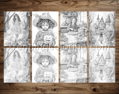 25 Autumn Girls Grayscale Coloring Pages - Instant Download - Printable PDF Dark/Light – preview 4