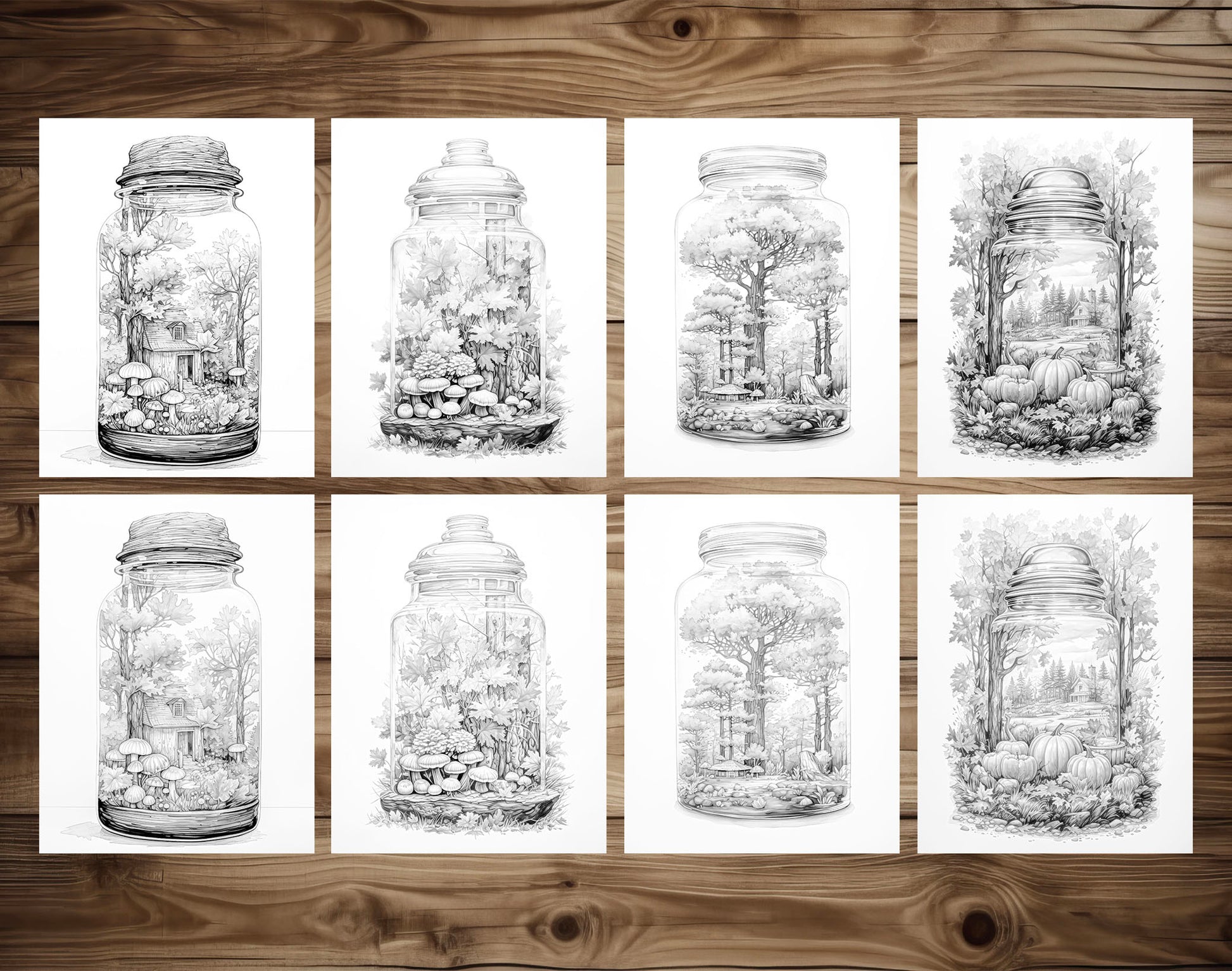 25 Autumn In Jar Grayscale Coloring Pages - Instant Download - Printable PDF Dark/Light – preview 3