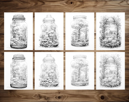 25 Autumn In Jar Grayscale Coloring Pages - Instant Download - Printable PDF Dark/Light – preview 3