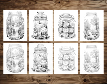 25 Autumn In Jar Grayscale Coloring Pages - Instant Download - Printable PDF Dark/Light – preview 4