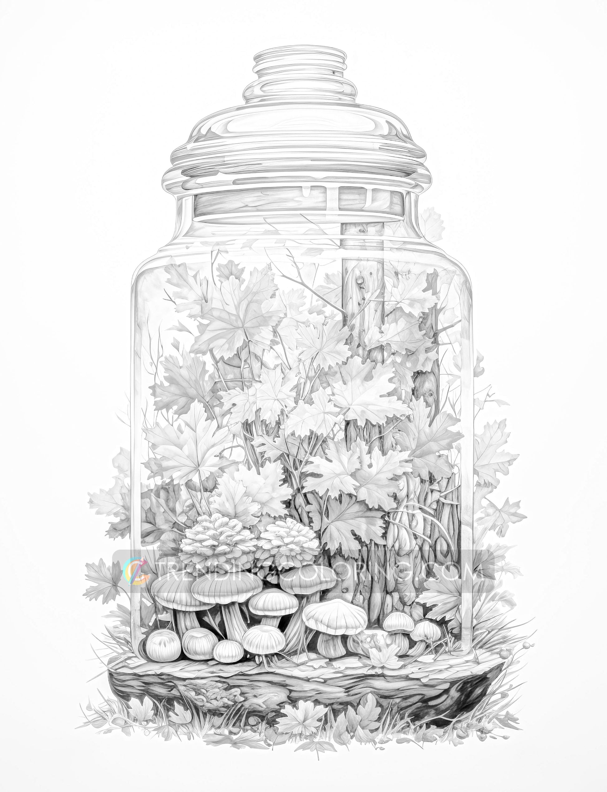 25 Autumn In Jar Grayscale Coloring Pages - Instant Download - Printable PDF Dark/Light – preview 6