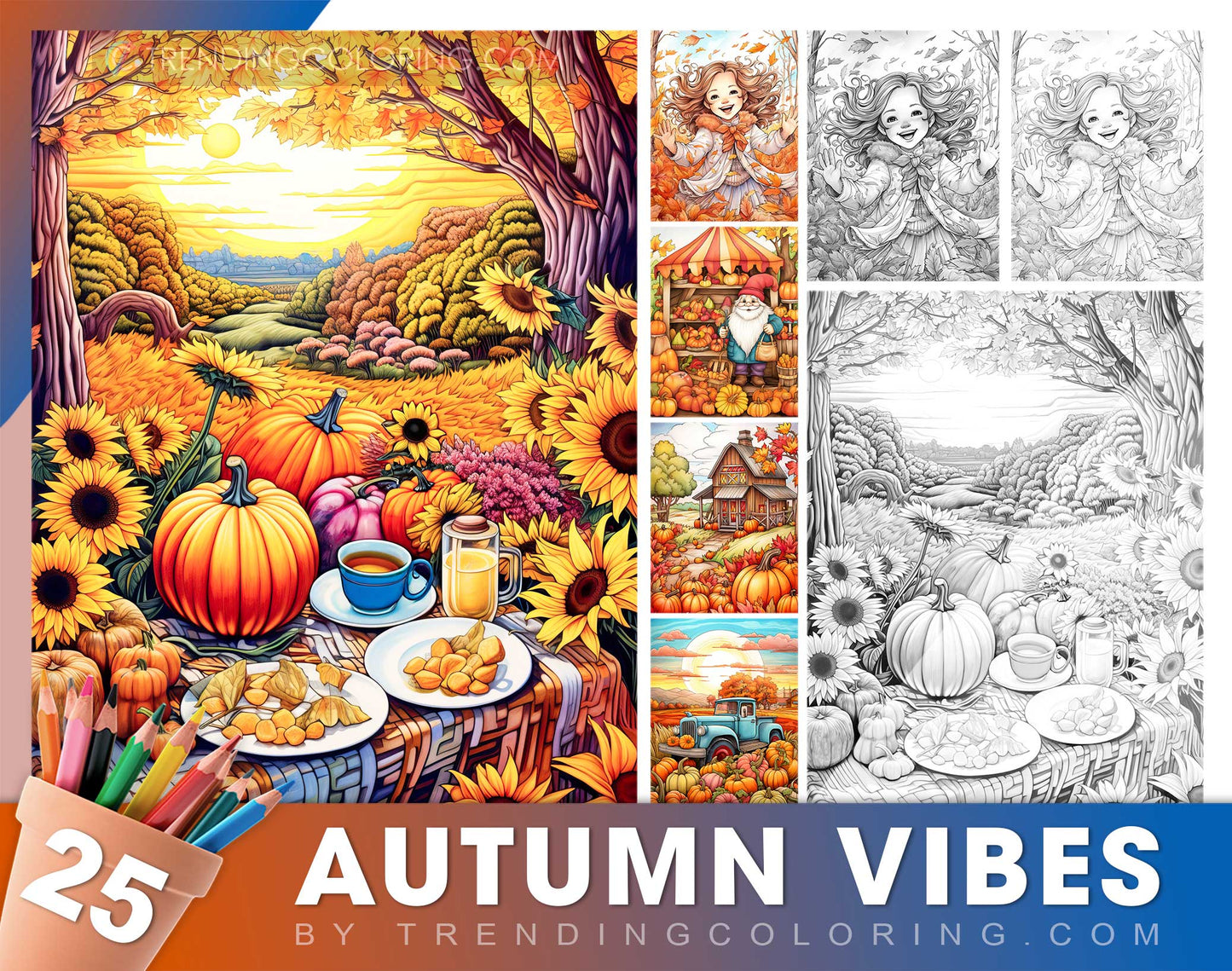 25 Autumn Vibe Grayscale Coloring Pages - Instant Download - Printable PDF Dark/Light