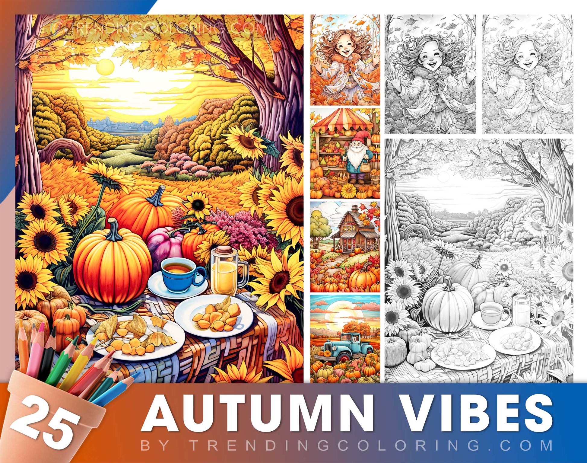 25 Autumn Vibe Grayscale Coloring Pages - Instant Download - Printable PDF Dark/Light