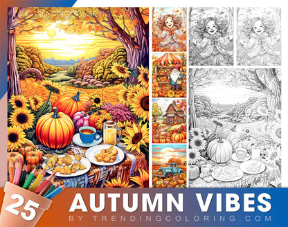 25 Autumn Vibe Grayscale Coloring Pages - Instant Download - Printable PDF Dark/Light