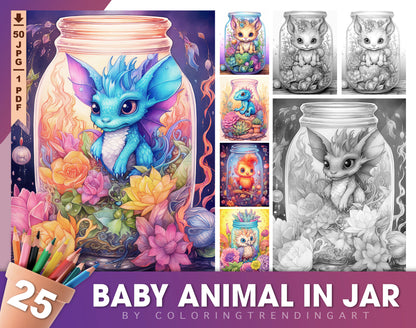 25 Baby Animal In Jar Grayscale Coloring Pages - Instant Download - Printable PDF