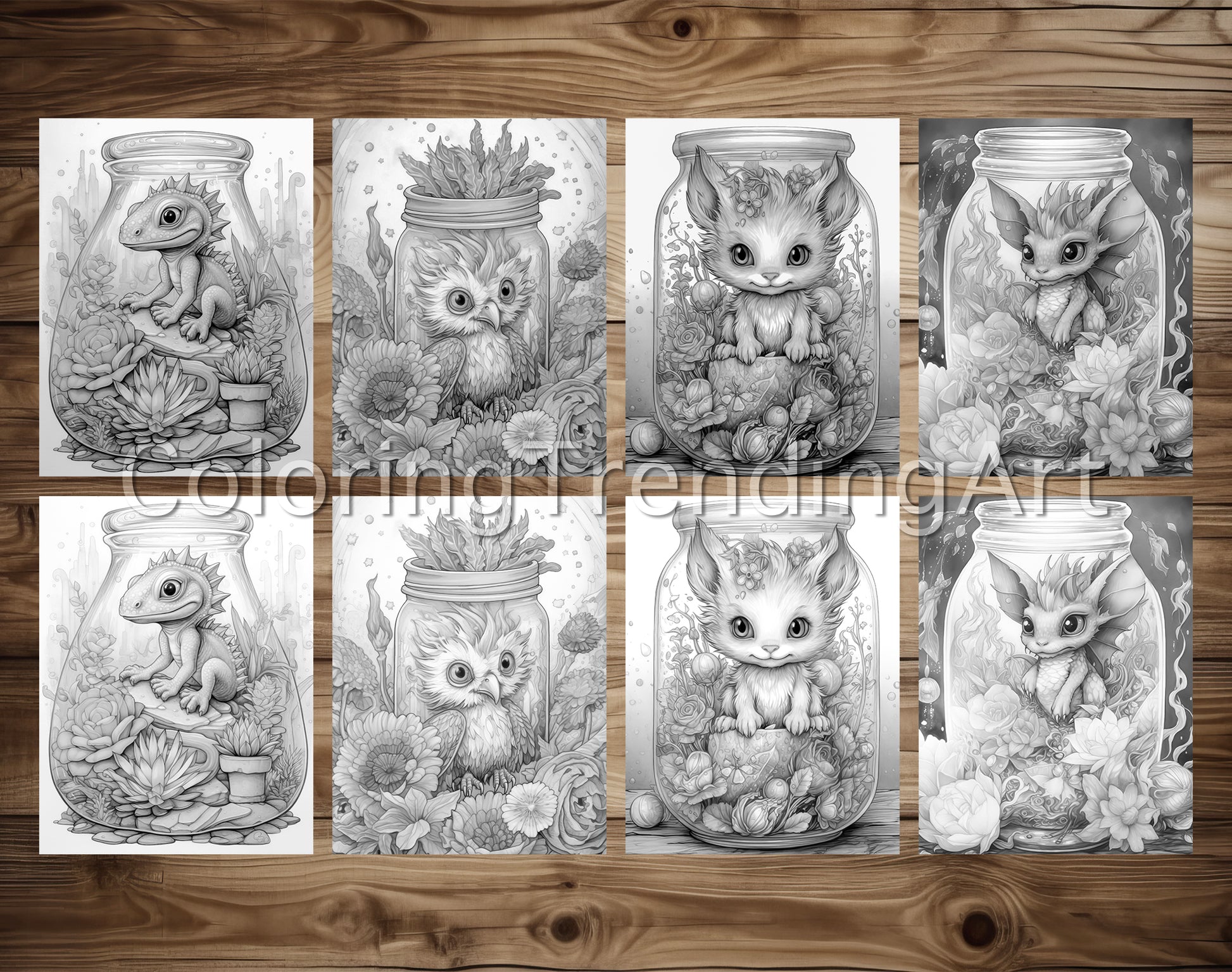 25 Baby Animal In Jar Grayscale Coloring Pages - Instant Download - Printable PDF – preview 3