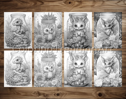 25 Baby Animal In Jar Grayscale Coloring Pages - Instant Download - Printable PDF – preview 3