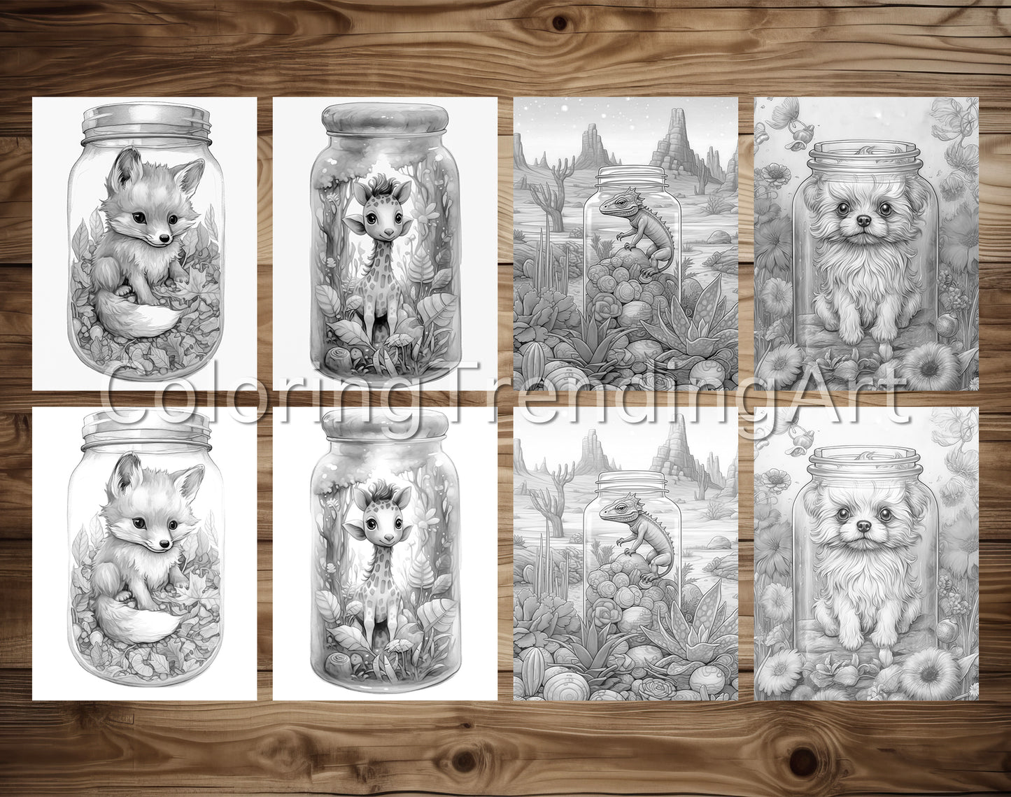 25 Baby Animal In Jar Grayscale Coloring Pages - Instant Download - Printable PDF – preview 4