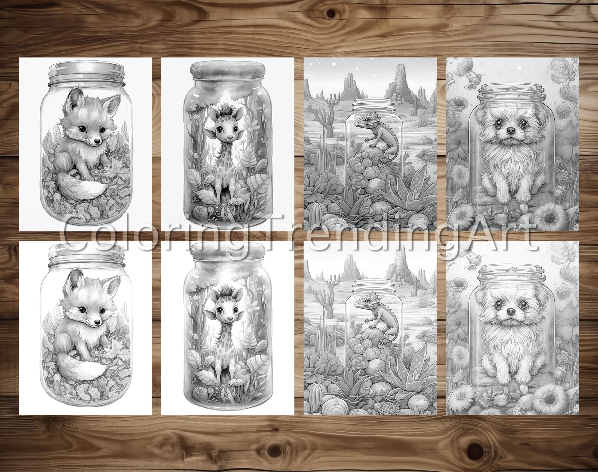 25 Baby Animal In Jar Grayscale Coloring Pages - Instant Download - Printable PDF – preview 4