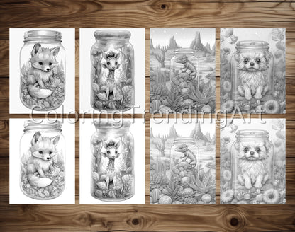 25 Baby Animal In Jar Grayscale Coloring Pages - Instant Download - Printable PDF – preview 4