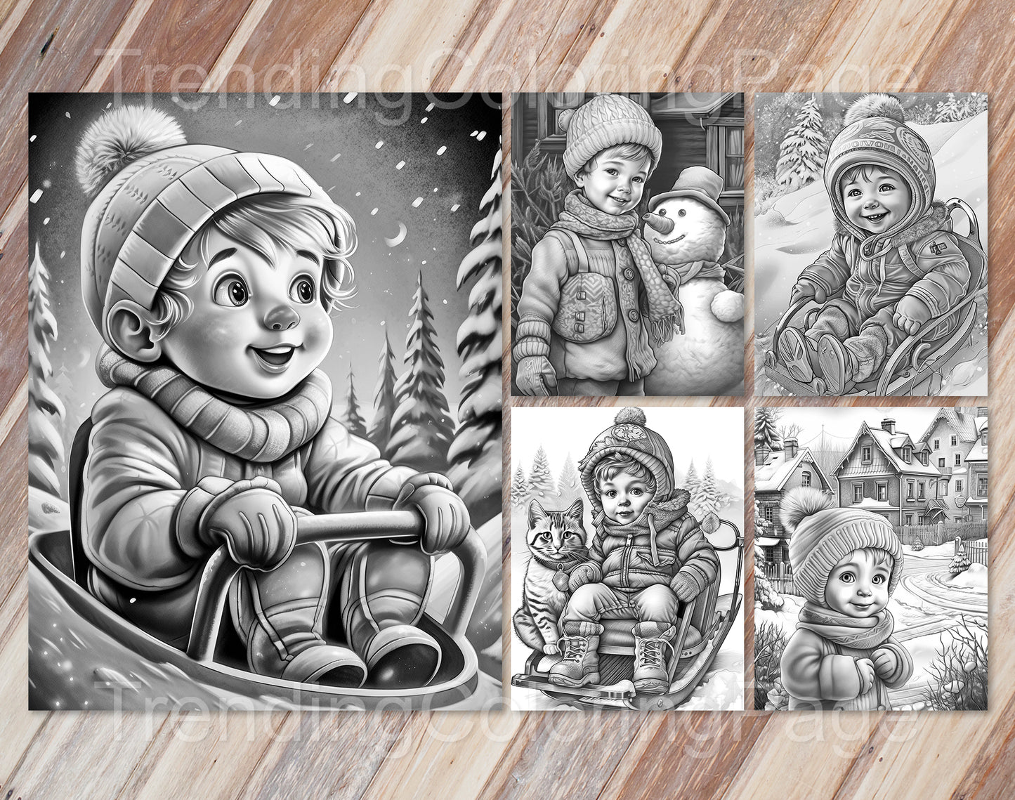 25 Baby Boy Winter Grayscale Coloring Pages - Instant Download - Printable PDF Dark/Light – preview 2