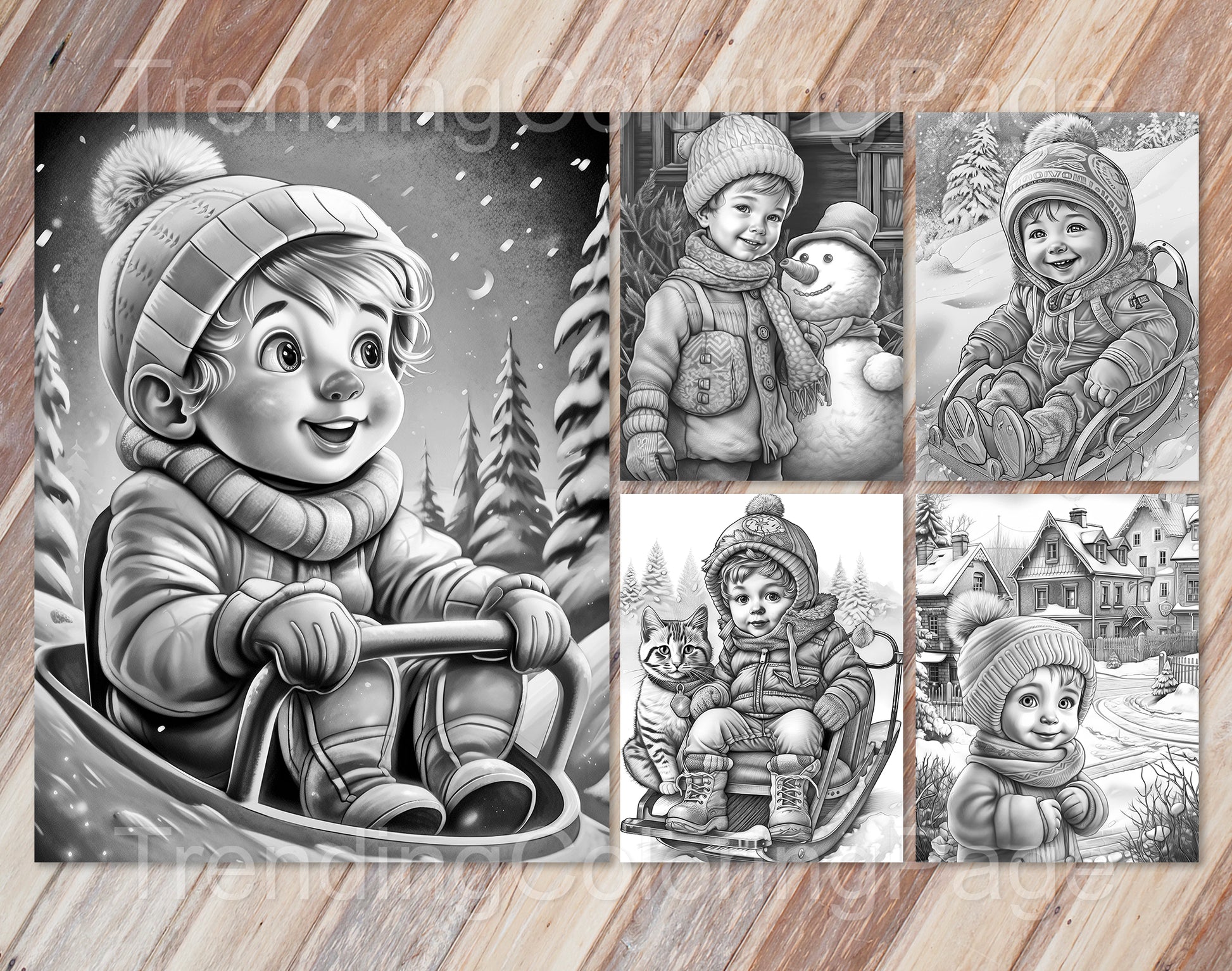 25 Baby Boy Winter Grayscale Coloring Pages - Instant Download - Printable PDF Dark/Light – preview 2
