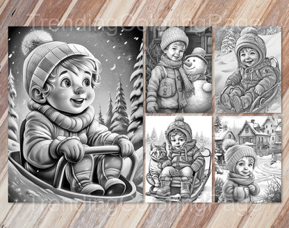 25 Baby Boy Winter Grayscale Coloring Pages - Instant Download - Printable PDF Dark/Light – preview 2