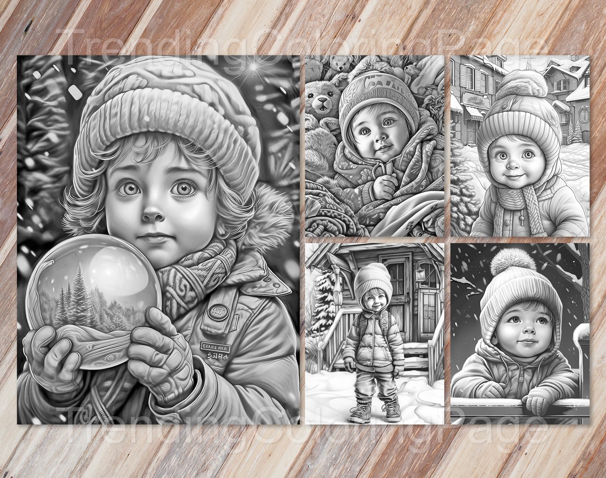 25 Baby Boy Winter Grayscale Coloring Pages - Instant Download - Printable PDF Dark/Light – preview 3