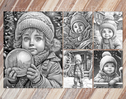 25 Baby Boy Winter Grayscale Coloring Pages - Instant Download - Printable PDF Dark/Light – preview 3