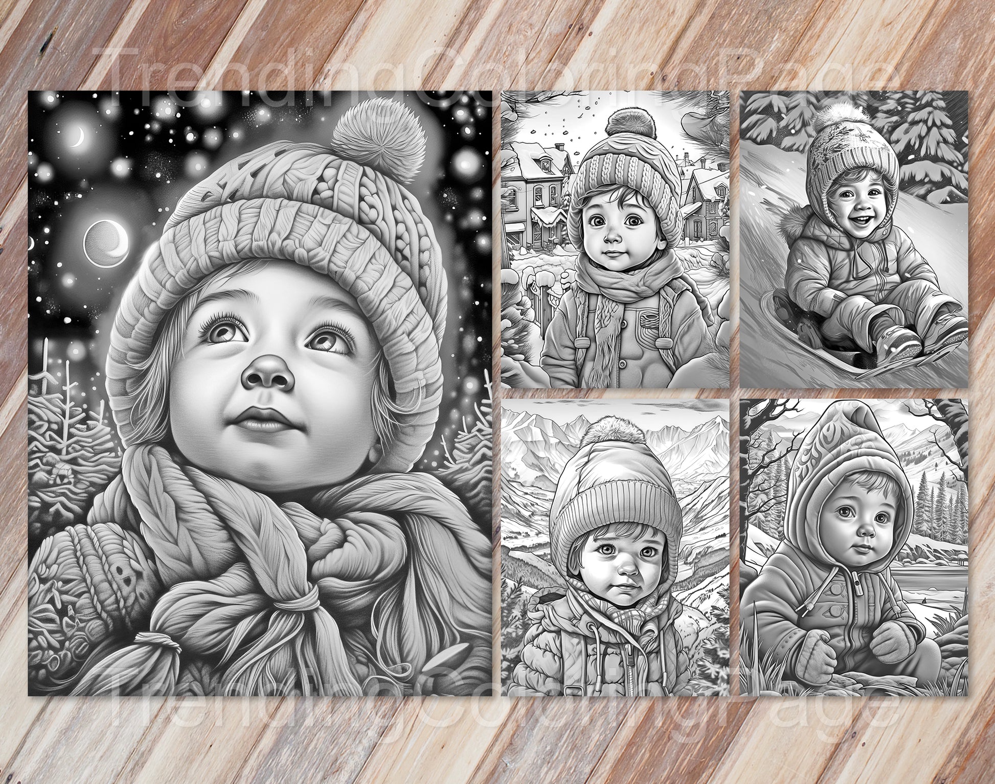 25 Baby Boy Winter Grayscale Coloring Pages - Instant Download - Printable PDF Dark/Light – preview 4