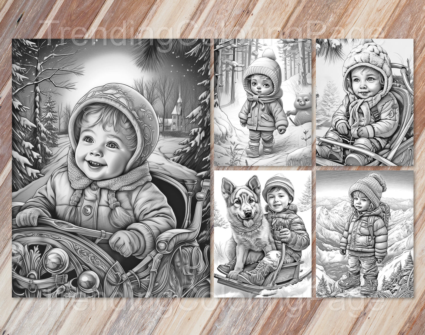 25 Baby Boy Winter Grayscale Coloring Pages - Instant Download - Printable PDF Dark/Light – preview 5