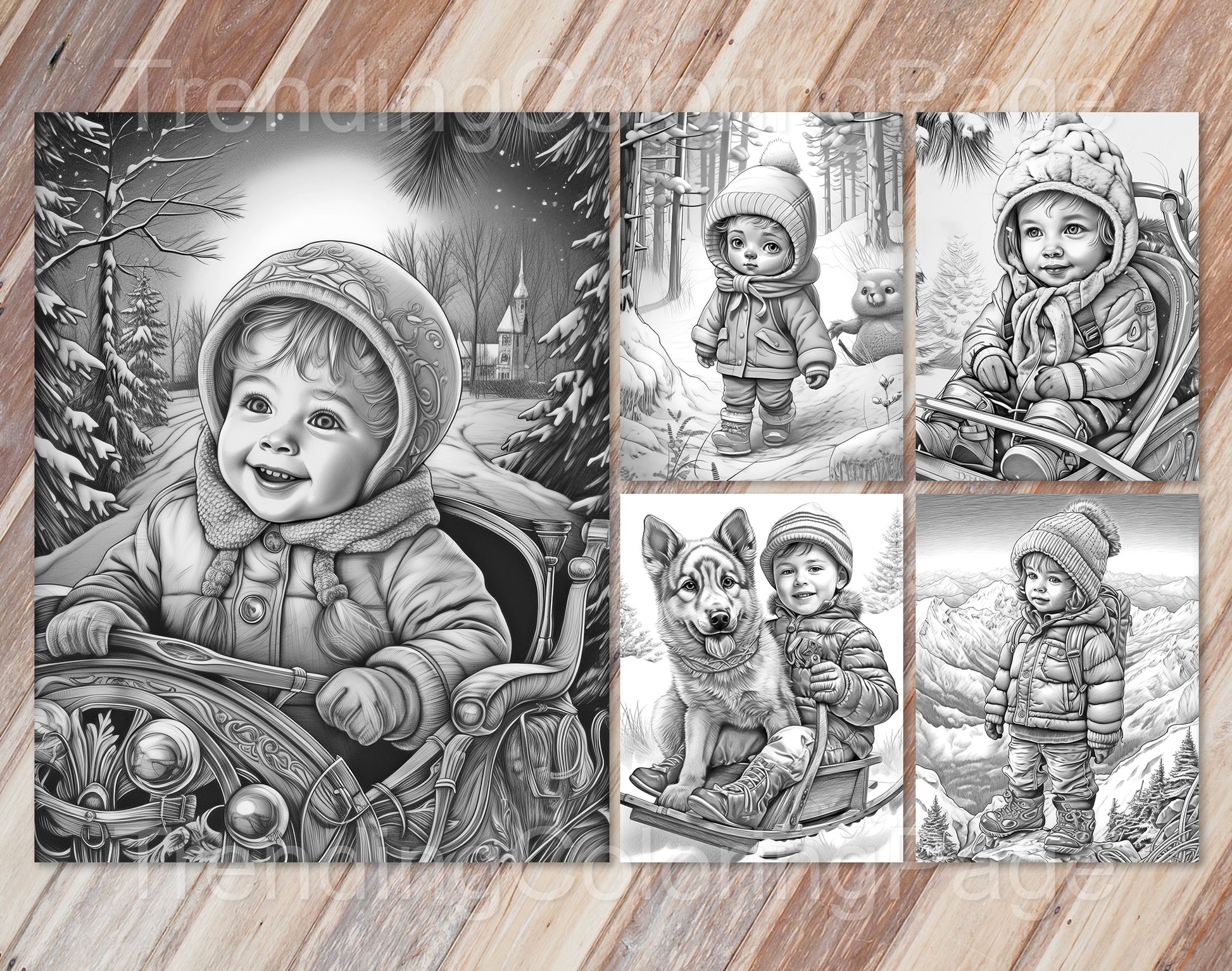 25 Baby Boy Winter Grayscale Coloring Pages - Instant Download - Printable PDF Dark/Light – preview 5