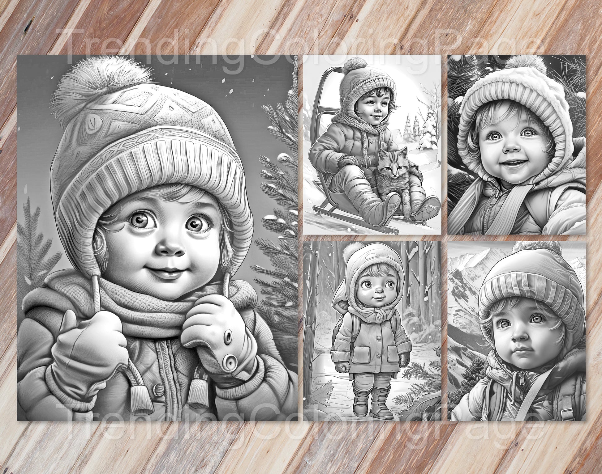 25 Baby Boy Winter Grayscale Coloring Pages - Instant Download - Printable PDF Dark/Light – preview 6