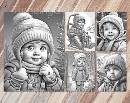 25 Baby Boy Winter Grayscale Coloring Pages - Instant Download - Printable PDF Dark/Light – preview 6