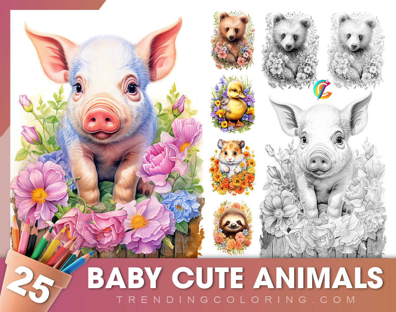 25 Baby Cute Animal Grayscale Coloring Pages - Instant Download - Printable PDF